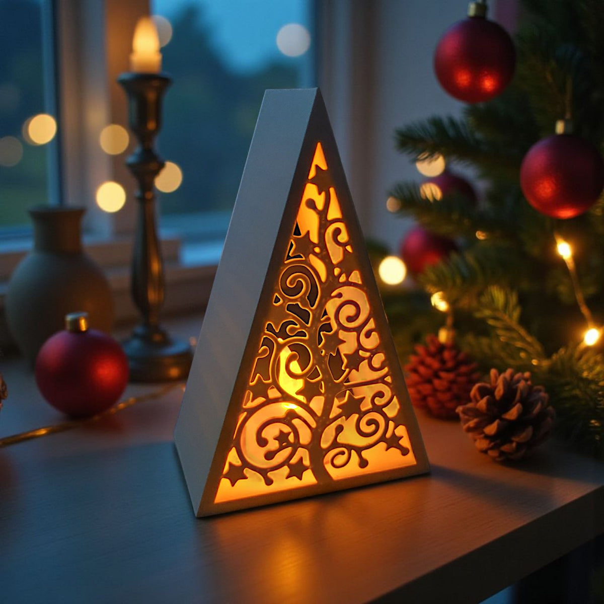 Christmas Tree Tealight Lantern | 3D Printed Pyramid LED Candle Holder, Holiday Gift