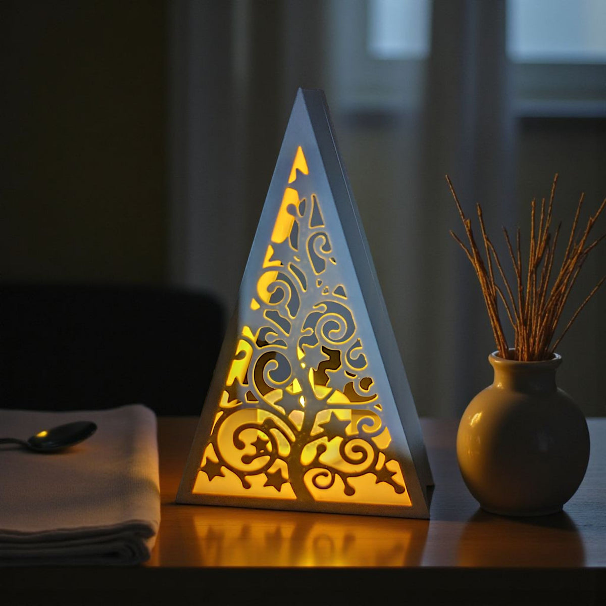 Christmas Tree Tealight Lantern | 3D Printed Pyramid LED Candle Holder, Holiday Gift